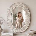 Oval Bone Inlay Floral Mirror – Boho Home Decor, Artisan Crafted Ivory Floral Wall Accent