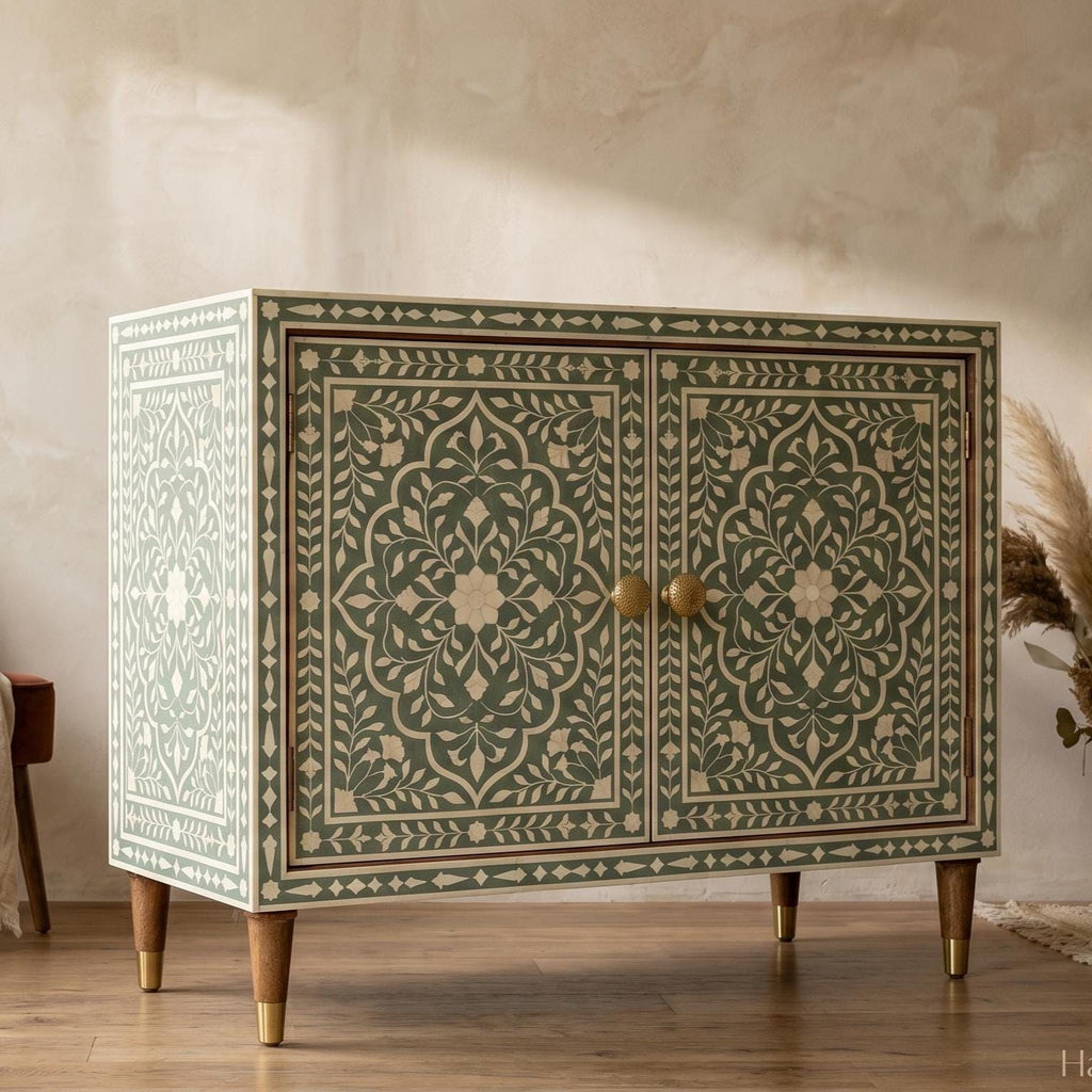 Sage Green Bone Inlay Bar Cabinet Floral Handmade Storage Cabinet