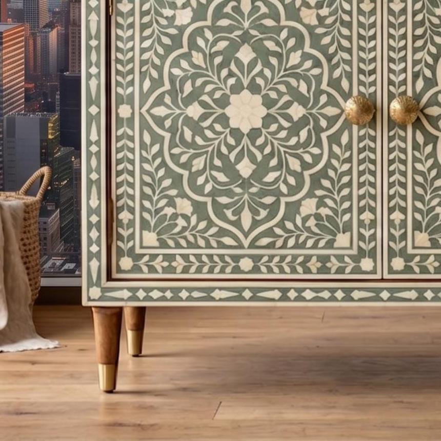 Sage Green Bone Inlay Bar Cabinet Floral Handmade Storage Cabinet