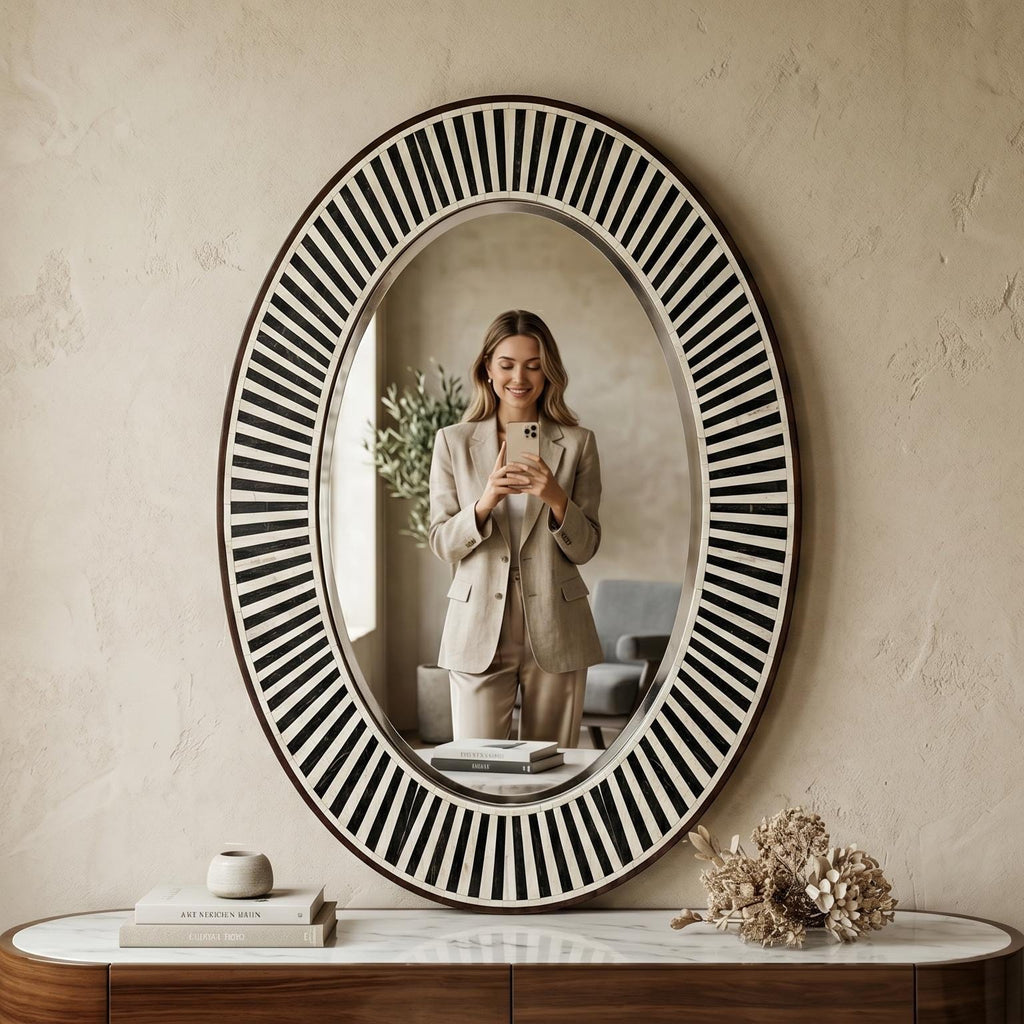 Oval Bone Inlay Mirror Black White Stripe Vanity Decor