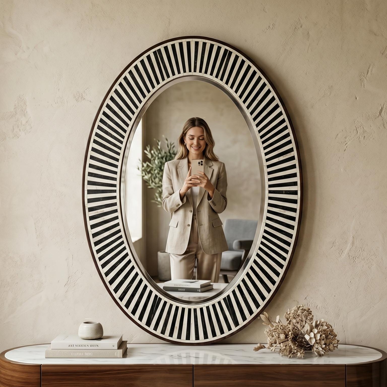 Oval Bone Inlay Mirror Black White Stripe Vanity Decor