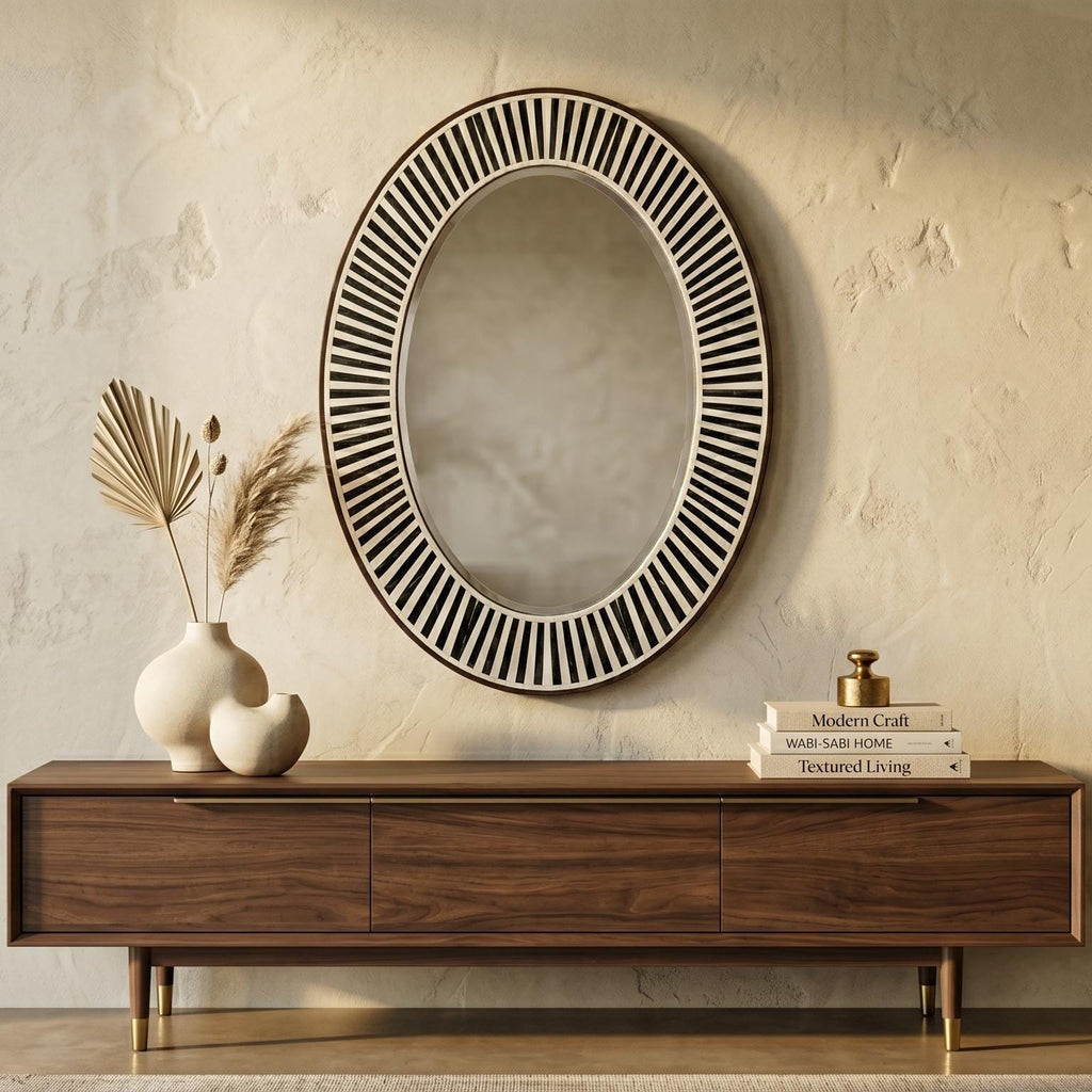 Oval Bone Inlay Mirror Black White Stripe Vanity Decor