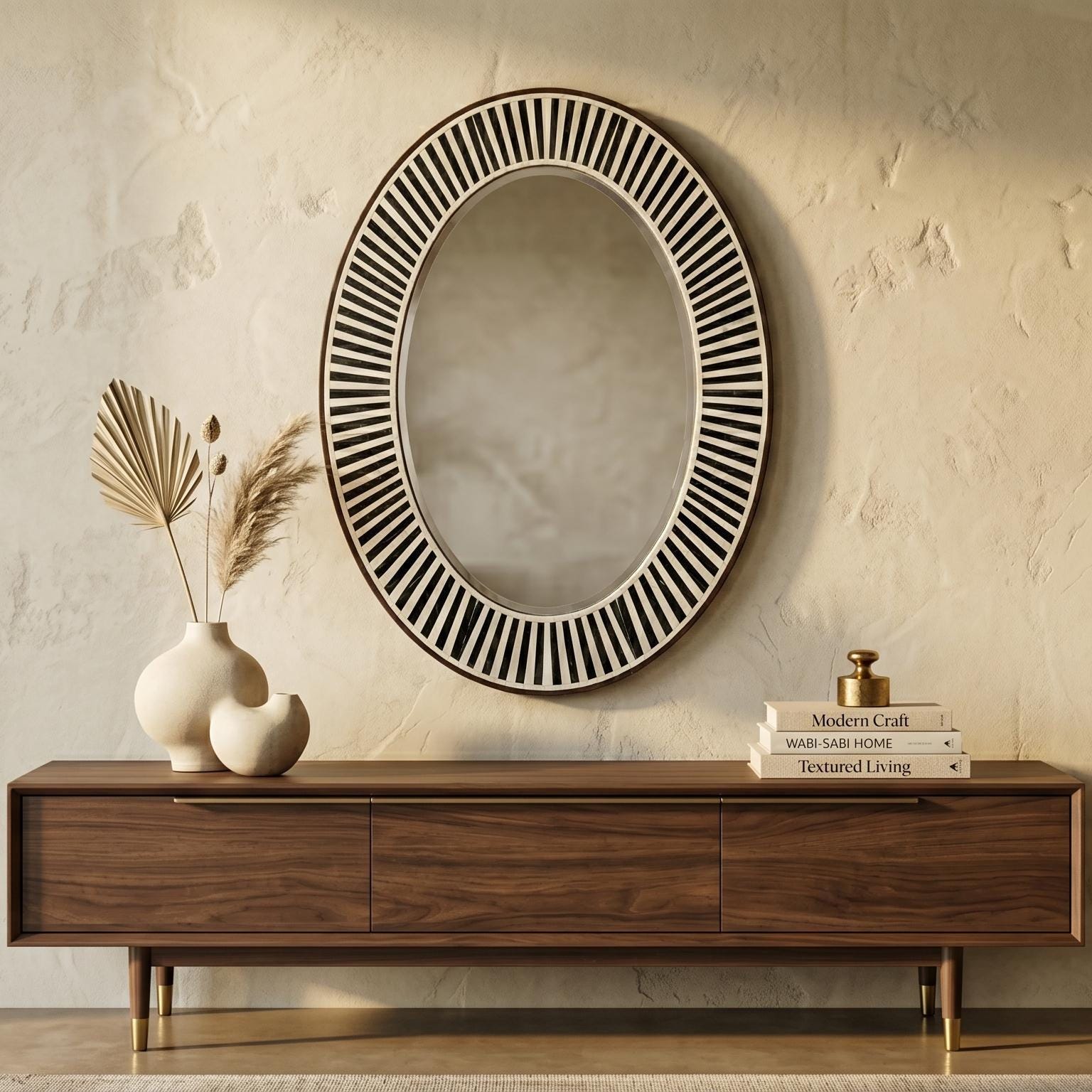Oval Bone Inlay Mirror Black White Stripe Vanity Decor