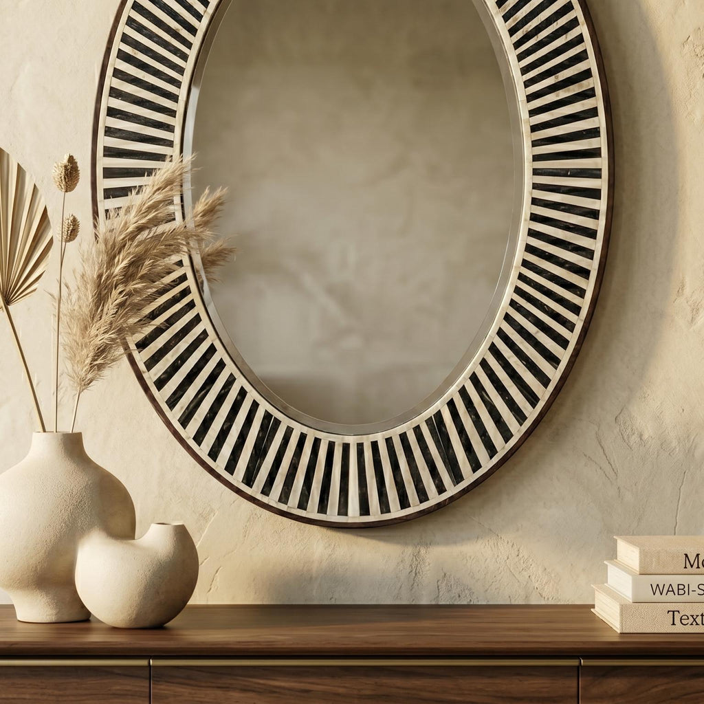 Oval Bone Inlay Mirror Black White Stripe Vanity Decor