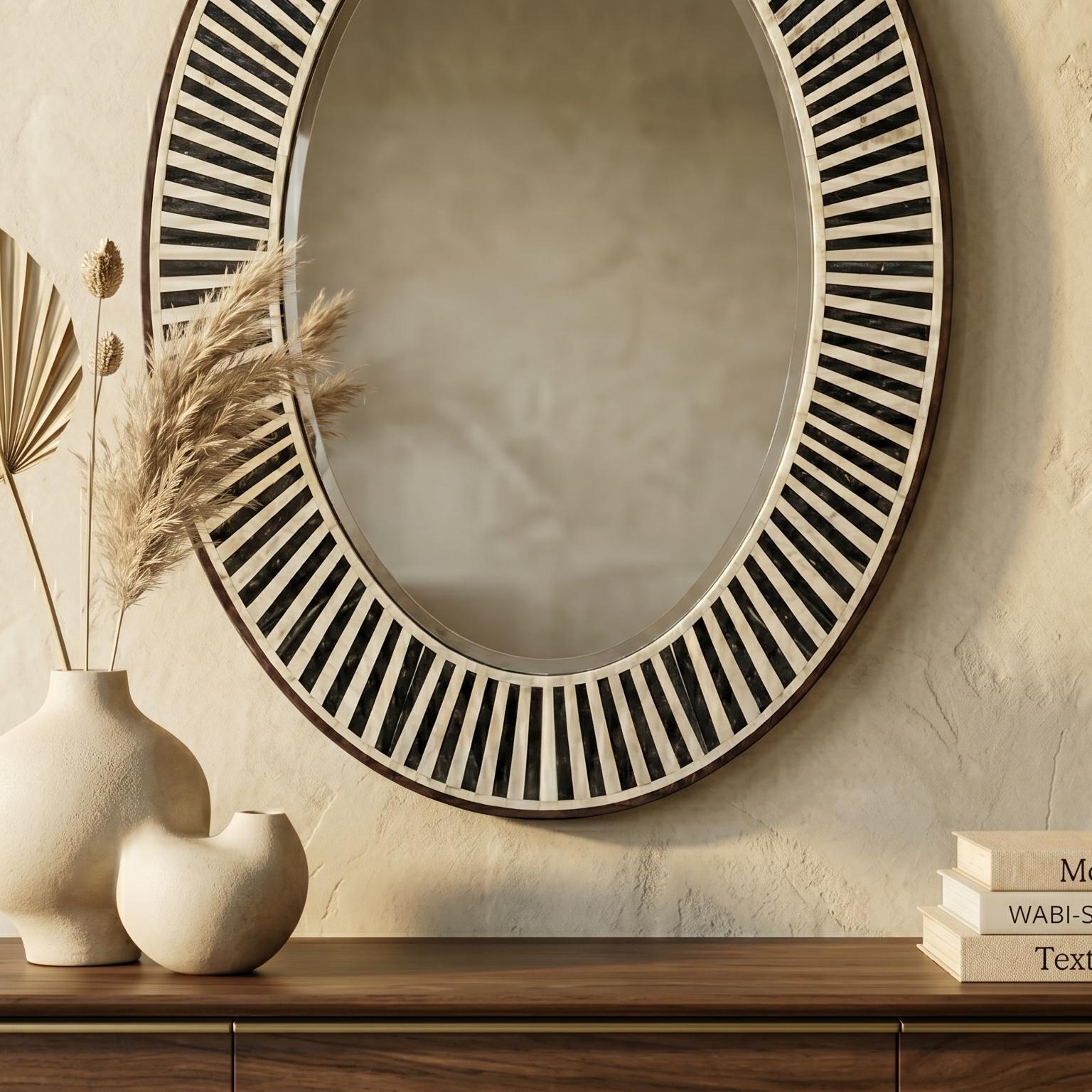 Oval Bone Inlay Mirror Black White Stripe Vanity Decor