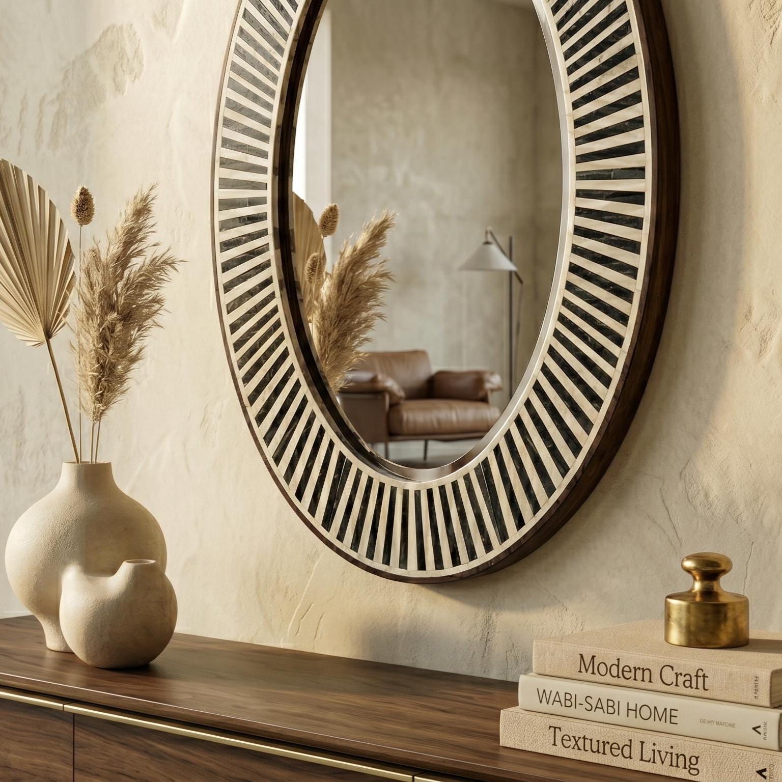 Oval Bone Inlay Mirror Black White Stripe Vanity Decor