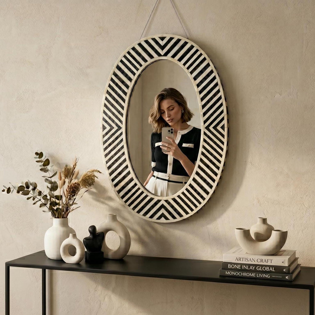 Black White Striped Bone Inlay Oval Wall Mirror Handmade vanity Decor