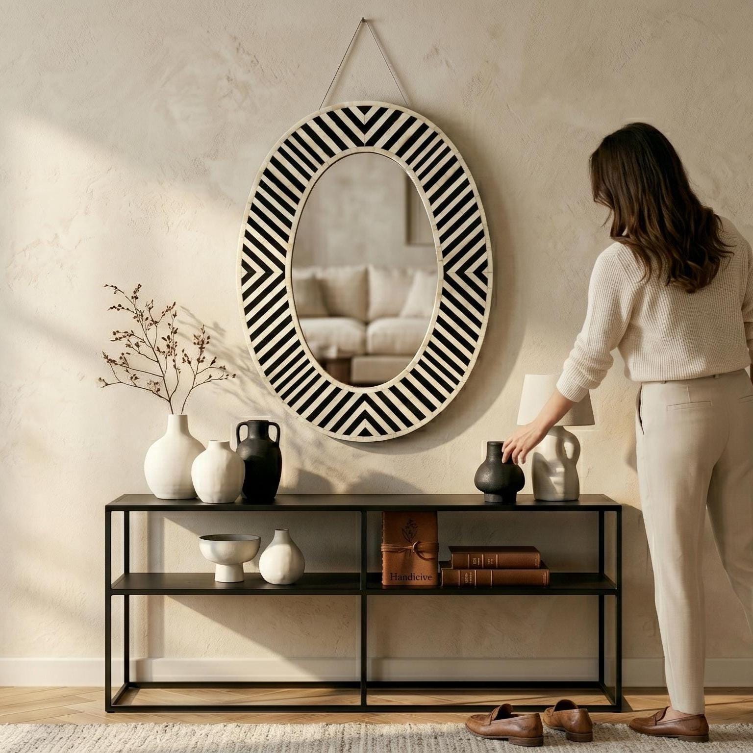 Black White Striped Bone Inlay Oval Wall Mirror Handmade vanity Decor