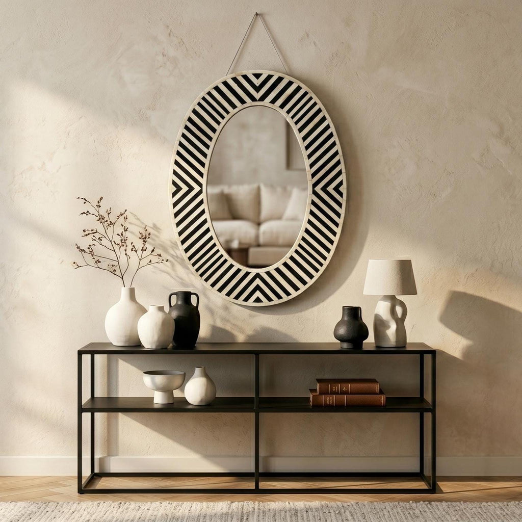 Black White Striped Bone Inlay Oval Wall Mirror Handmade vanity Decor