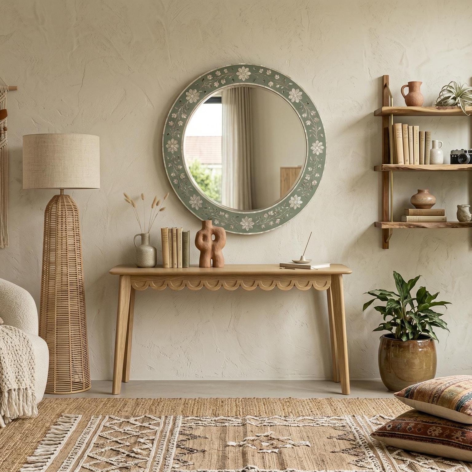 Sage Green Mother of Pearl Floral Inlay Mirror Luxury Wall Decor