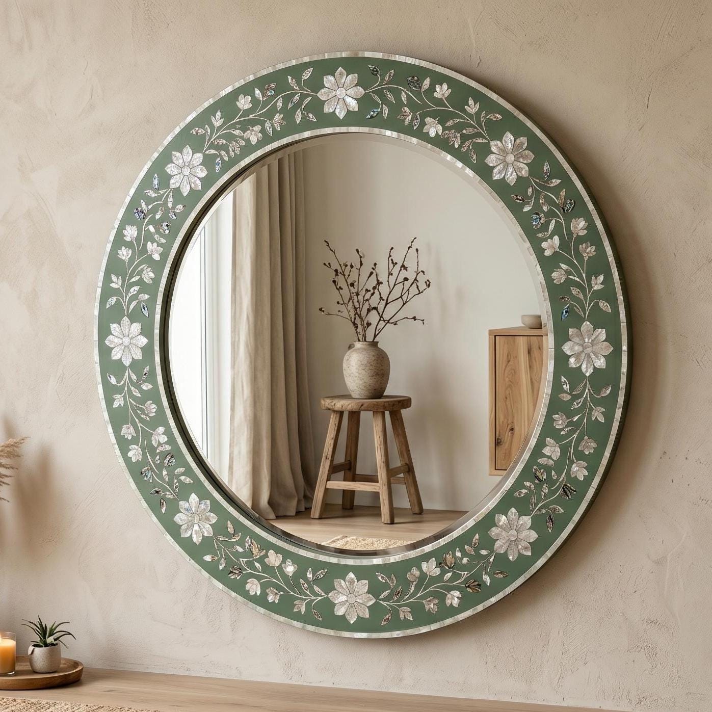 Sage Green Mother of Pearl Floral Inlay Mirror Luxury Wall Decor