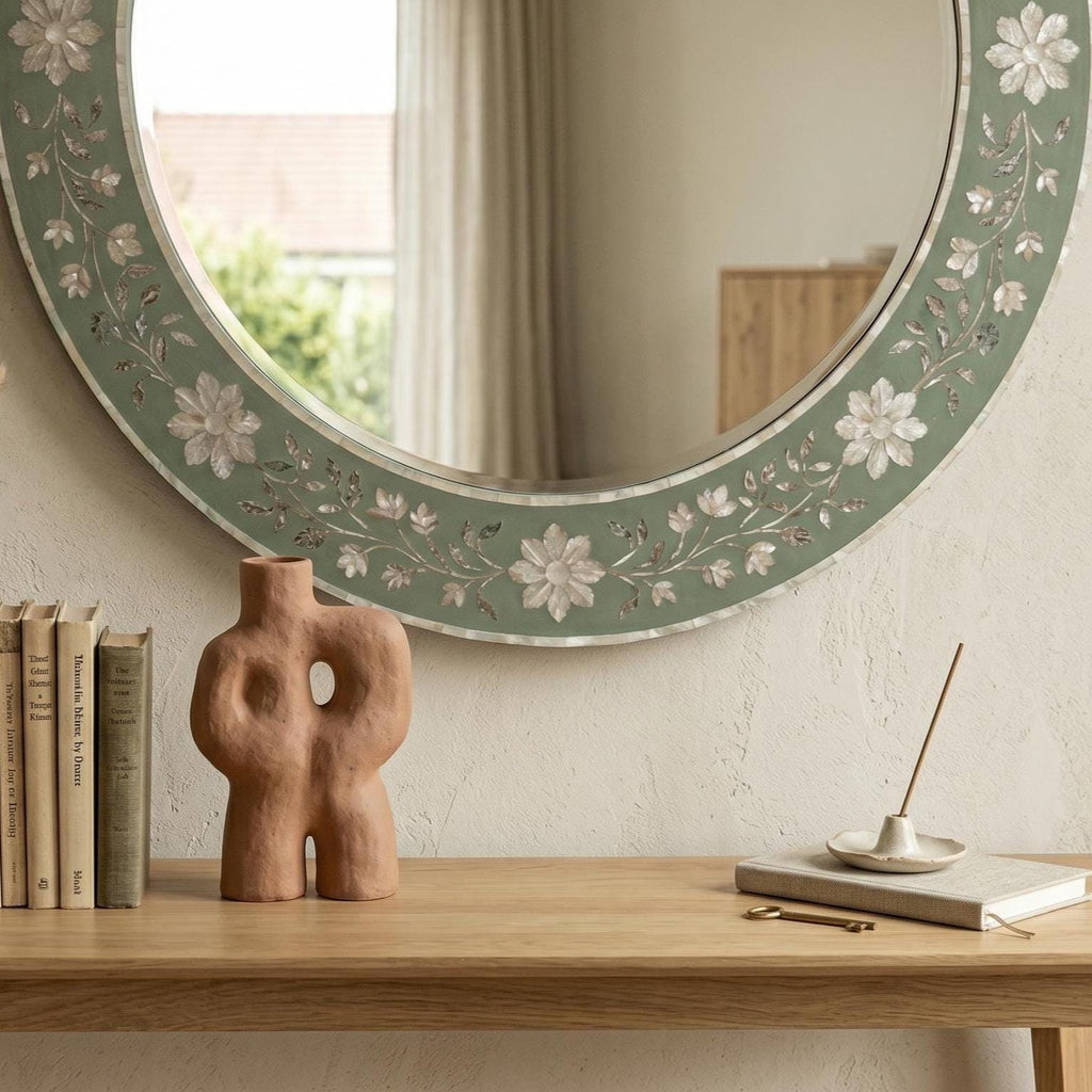 Sage Green Mother of Pearl Floral Inlay Mirror Luxury Wall Decor