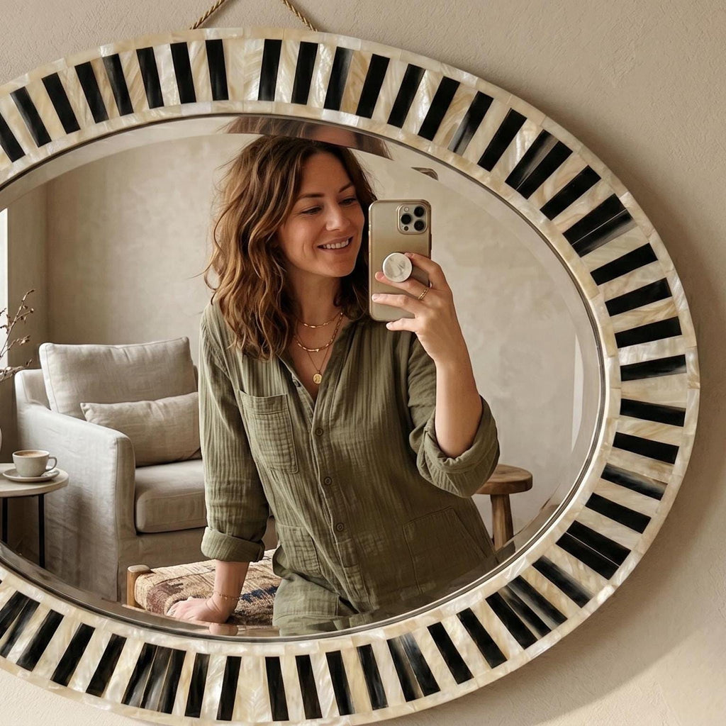 Geometric Stripe MOP Inlay Oval Mirror Contemporary Decor