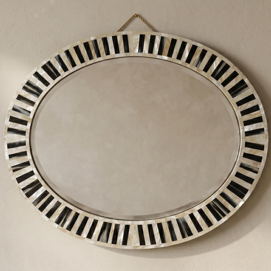 Geometric Stripe MOP Inlay Oval Mirror Contemporary Decor