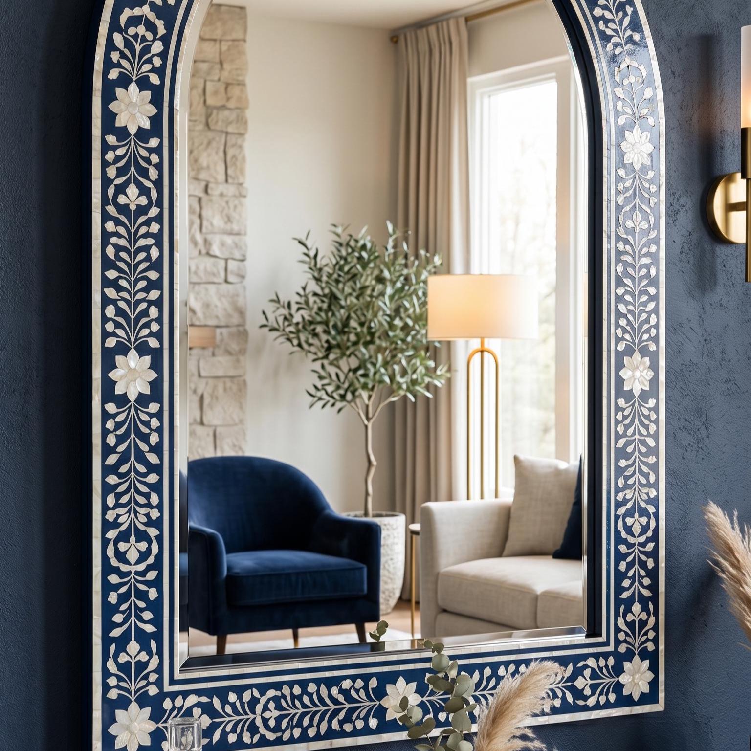 Navy Blue Mother of Pearl Inlay Arch Mirror Luxury Wall Decor Contemporary Decor