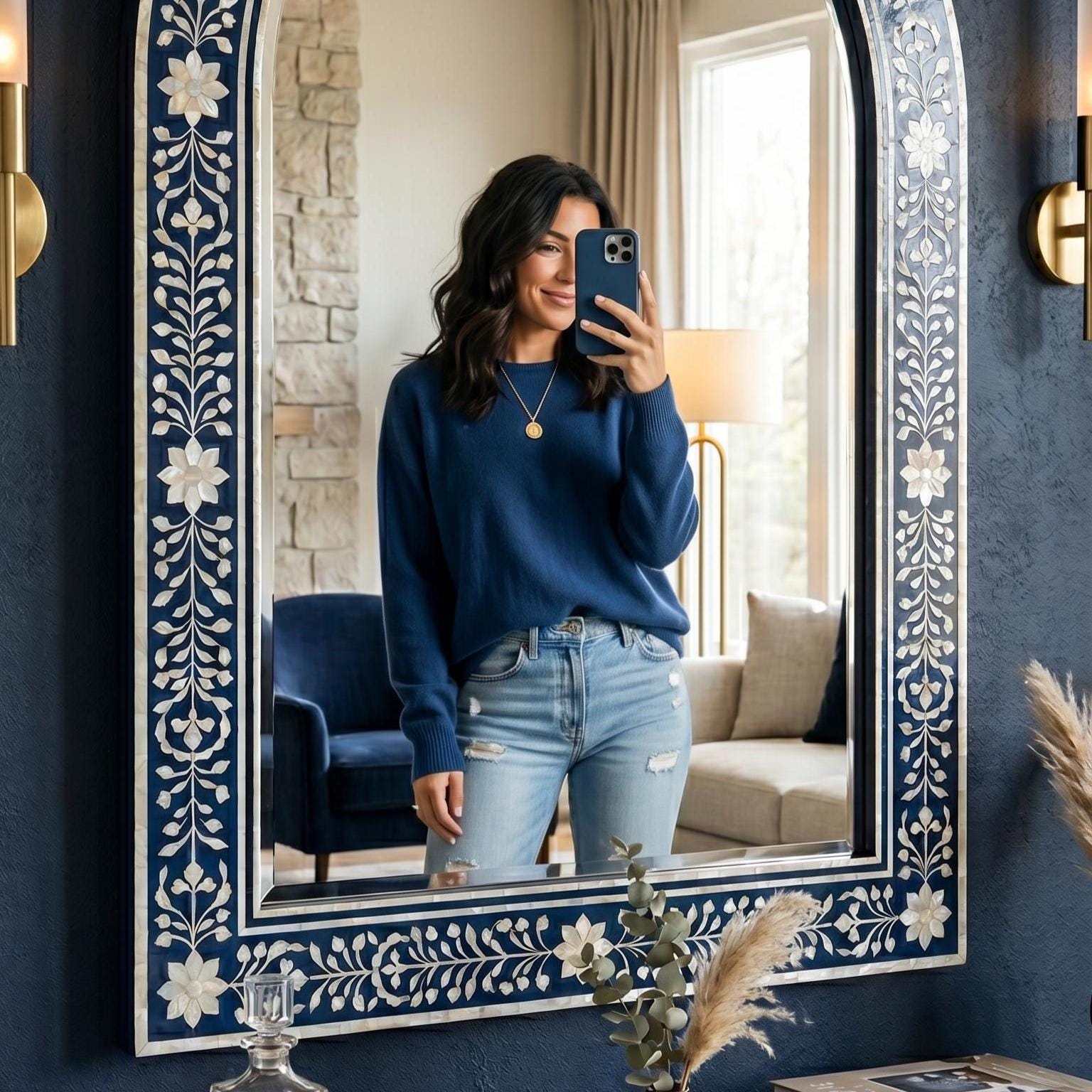 Navy Blue Mother of Pearl Inlay Arch Mirror Luxury Wall Decor Contemporary Decor