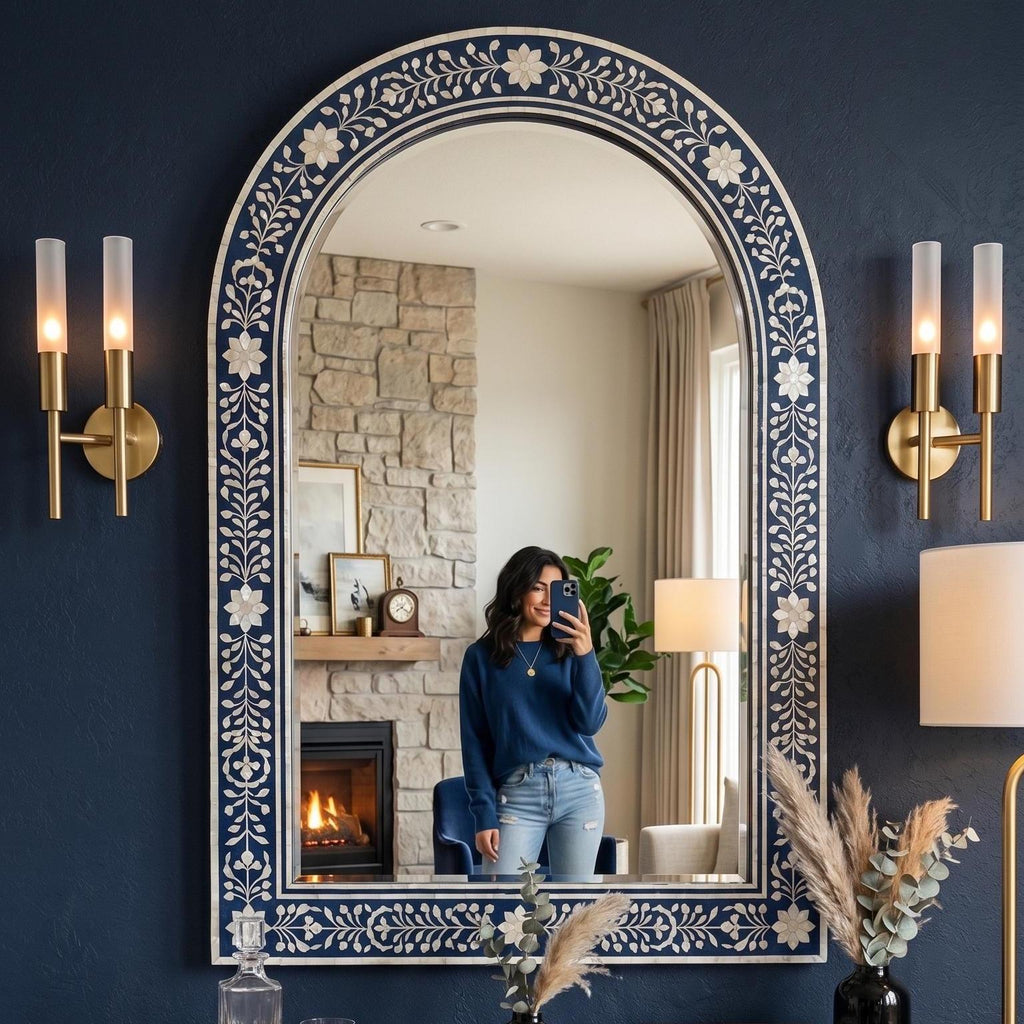 Navy Blue Mother of Pearl Inlay Arch Mirror Luxury Wall Decor Contemporary Decor