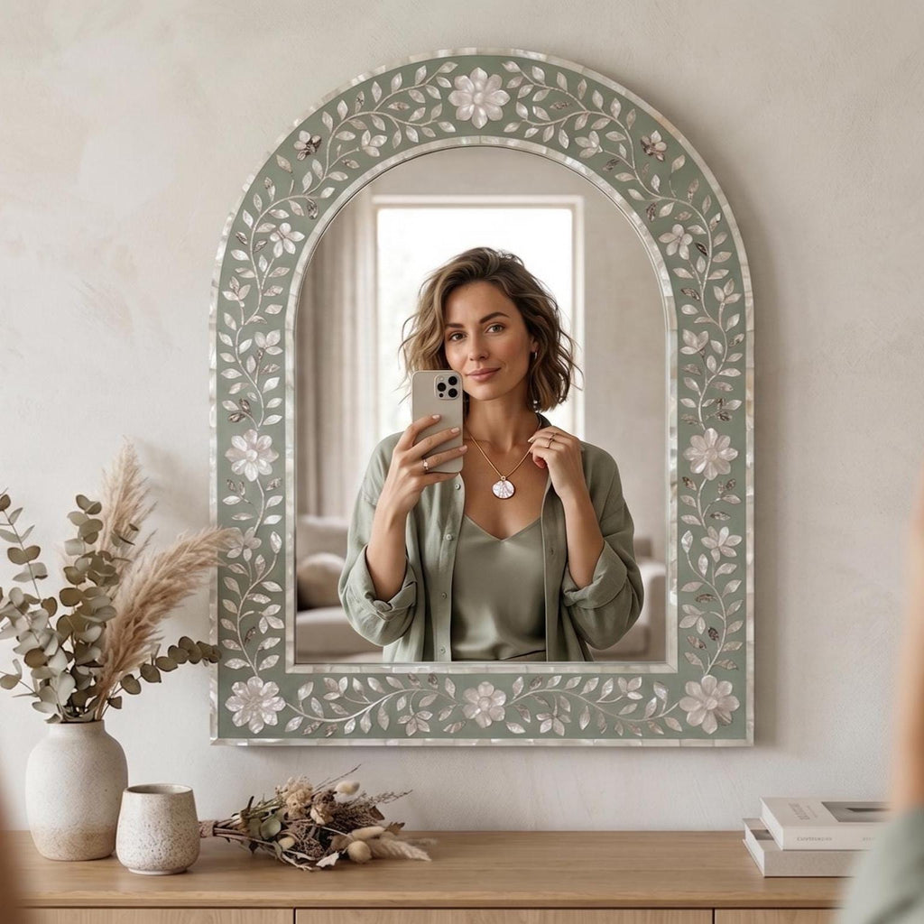 Sage Green Mother of Pearl Arch Mirror Floral Wall Decor vanity decor