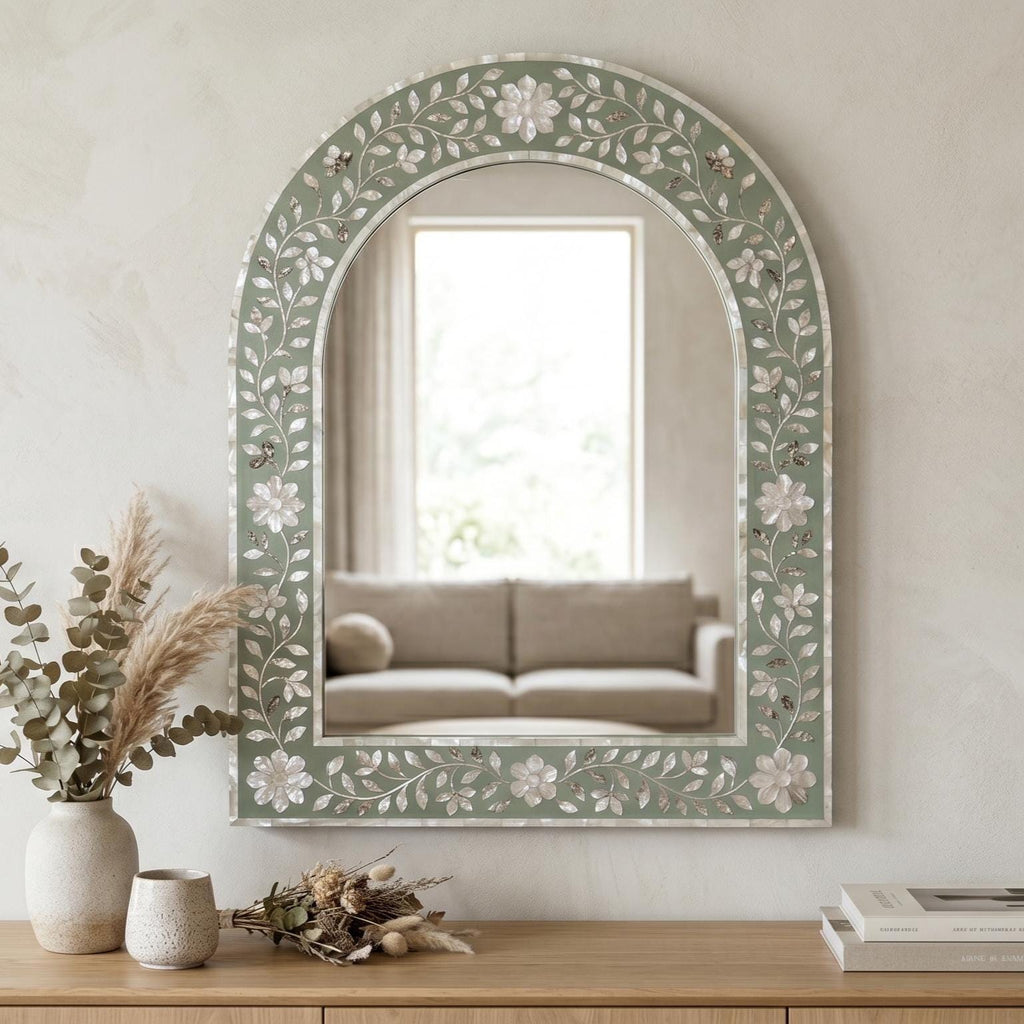 Sage Green Mother of Pearl Arch Mirror Floral Wall Decor vanity decor
