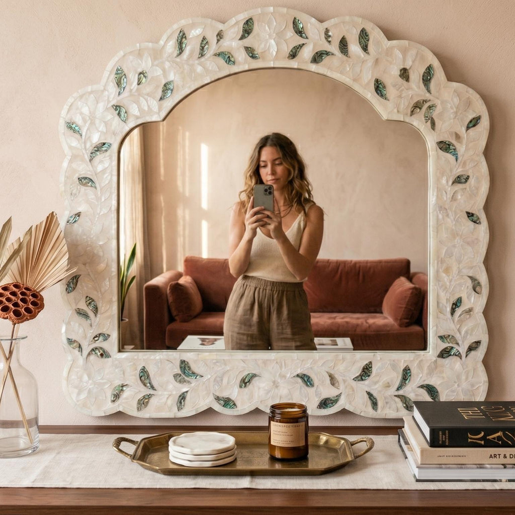 Handcrafted Shell Inlay Scalloped Arch Mirror Wall Decor