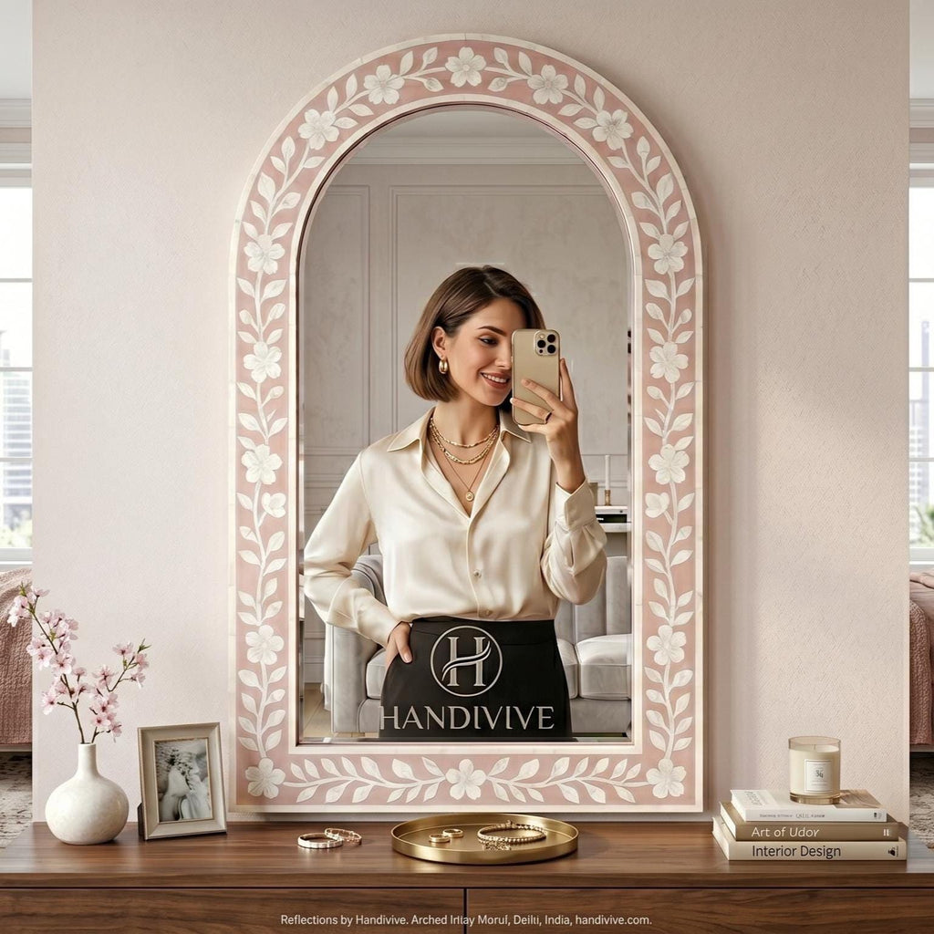 blush pink Cherry Blossom Bone Inlay Arch Mirror Handmade Wall Vanity Decor