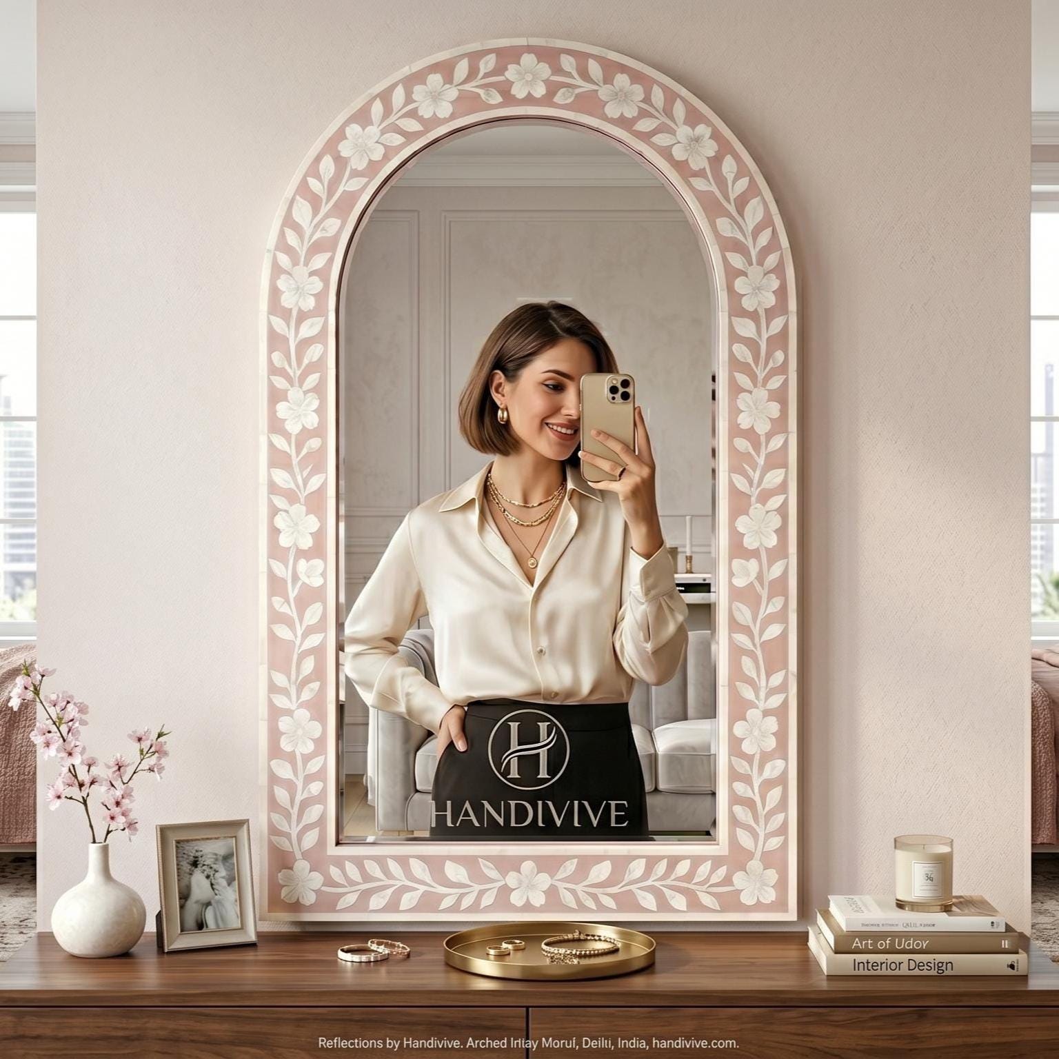 blush pink Cherry Blossom Bone Inlay Arch Mirror Handmade Wall Vanity Decor