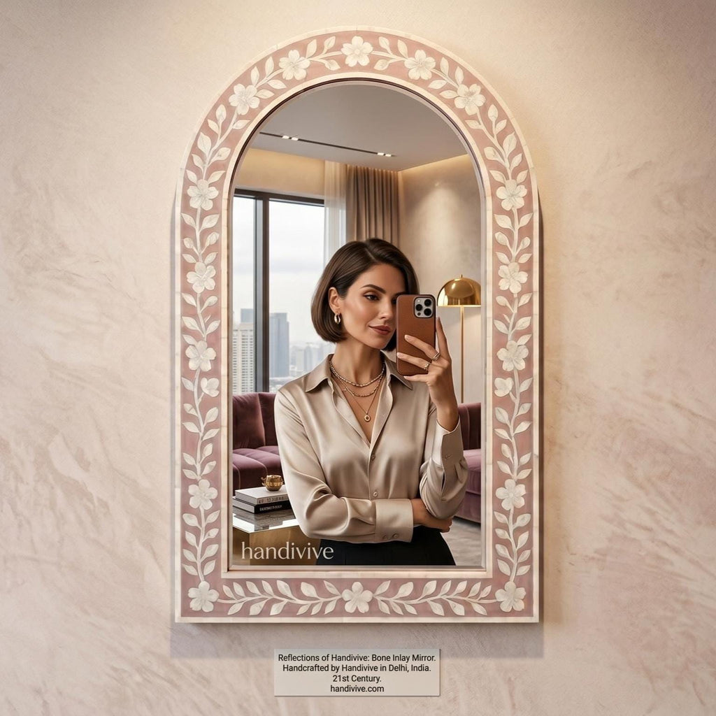 blush pink Cherry Blossom Bone Inlay Arch Mirror Handmade Wall Vanity Decor