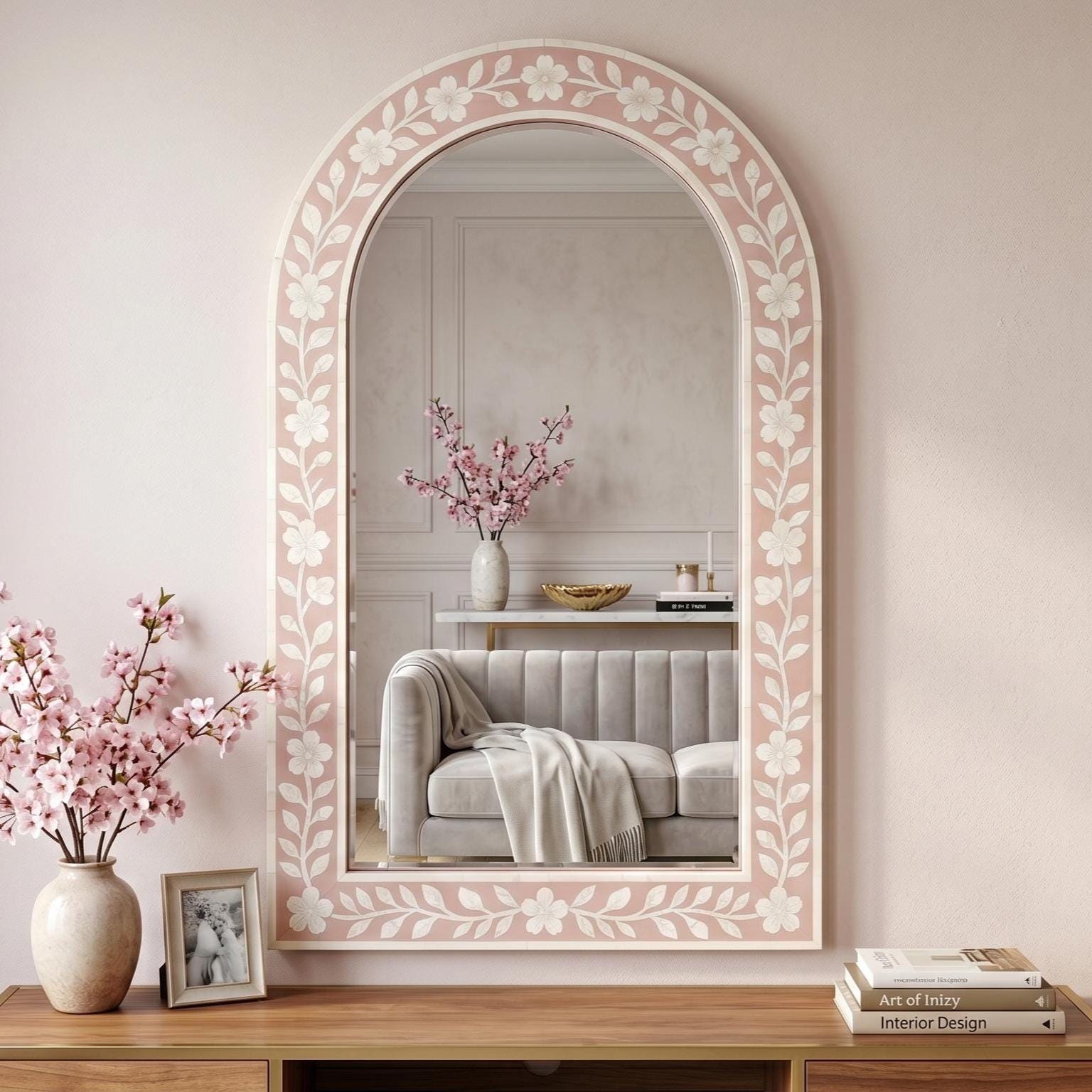 blush pink Cherry Blossom Bone Inlay Arch Mirror Handmade Wall Vanity Decor