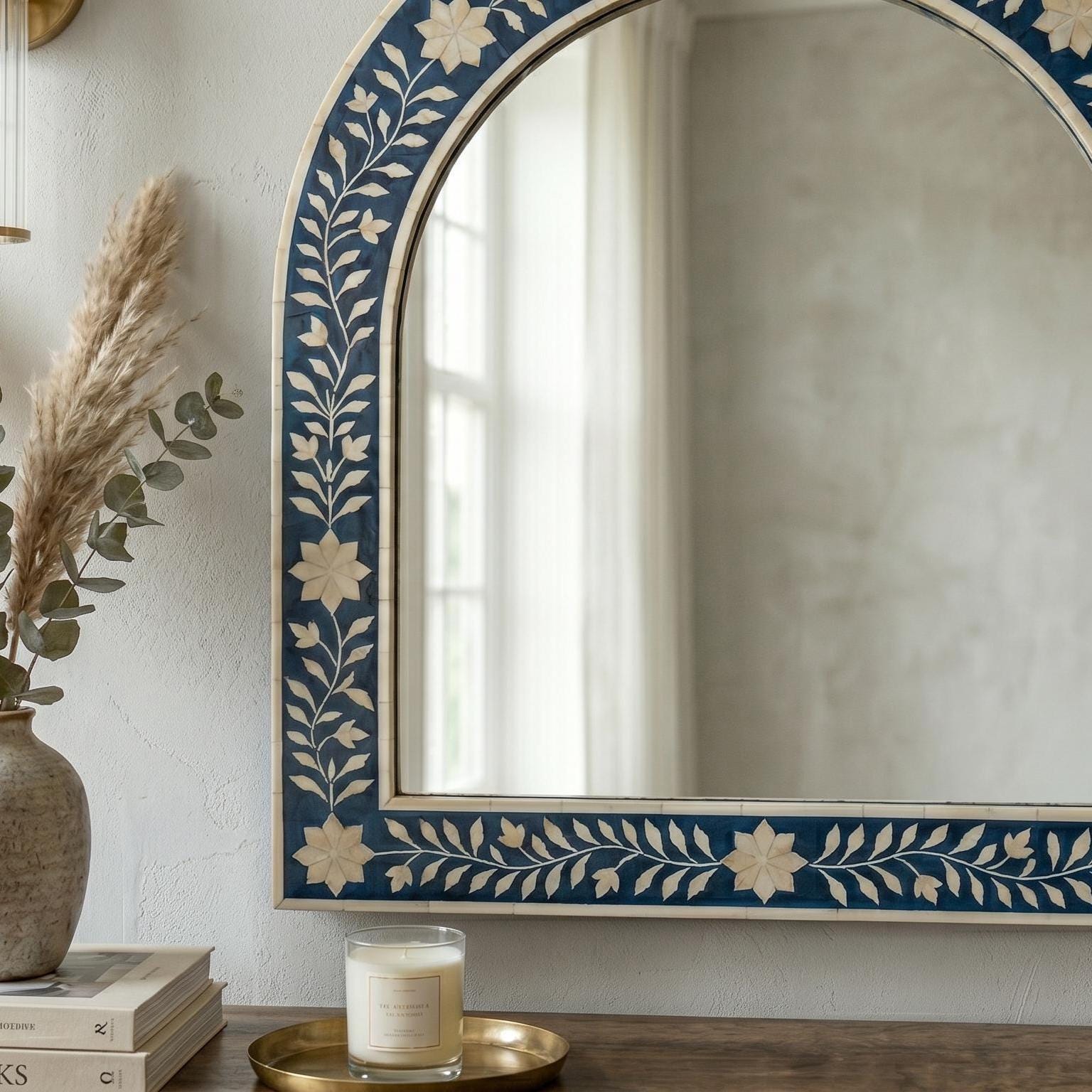 Navy Blue Floral Bone Inlay Arch Mirror Luxury Wall Decor Vanity Decor