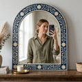 Navy Blue Floral Bone Inlay Arch Mirror Luxury Wall Decor Vanity Decor