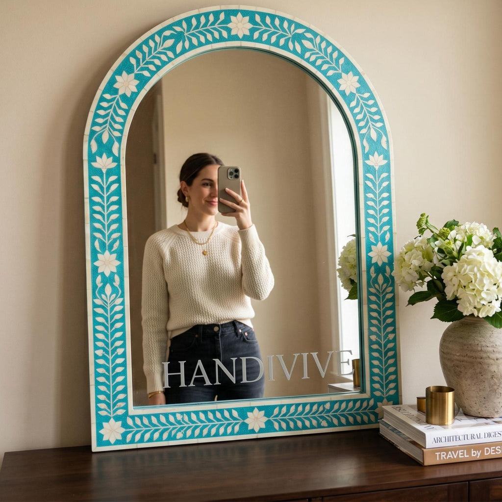 Turquoise Floral Bone Inlay Arch Mirror Luxury Wall Decor