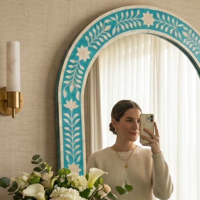 Turquoise Floral Bone Inlay Arch Mirror Luxury Wall Decor