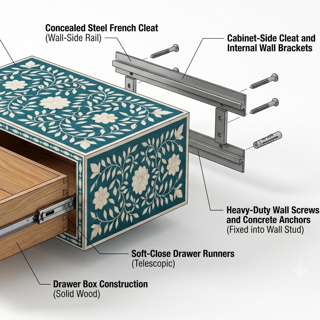 Royal Purple Bone Inlay Floating Bedside Table Mughal Floral Design