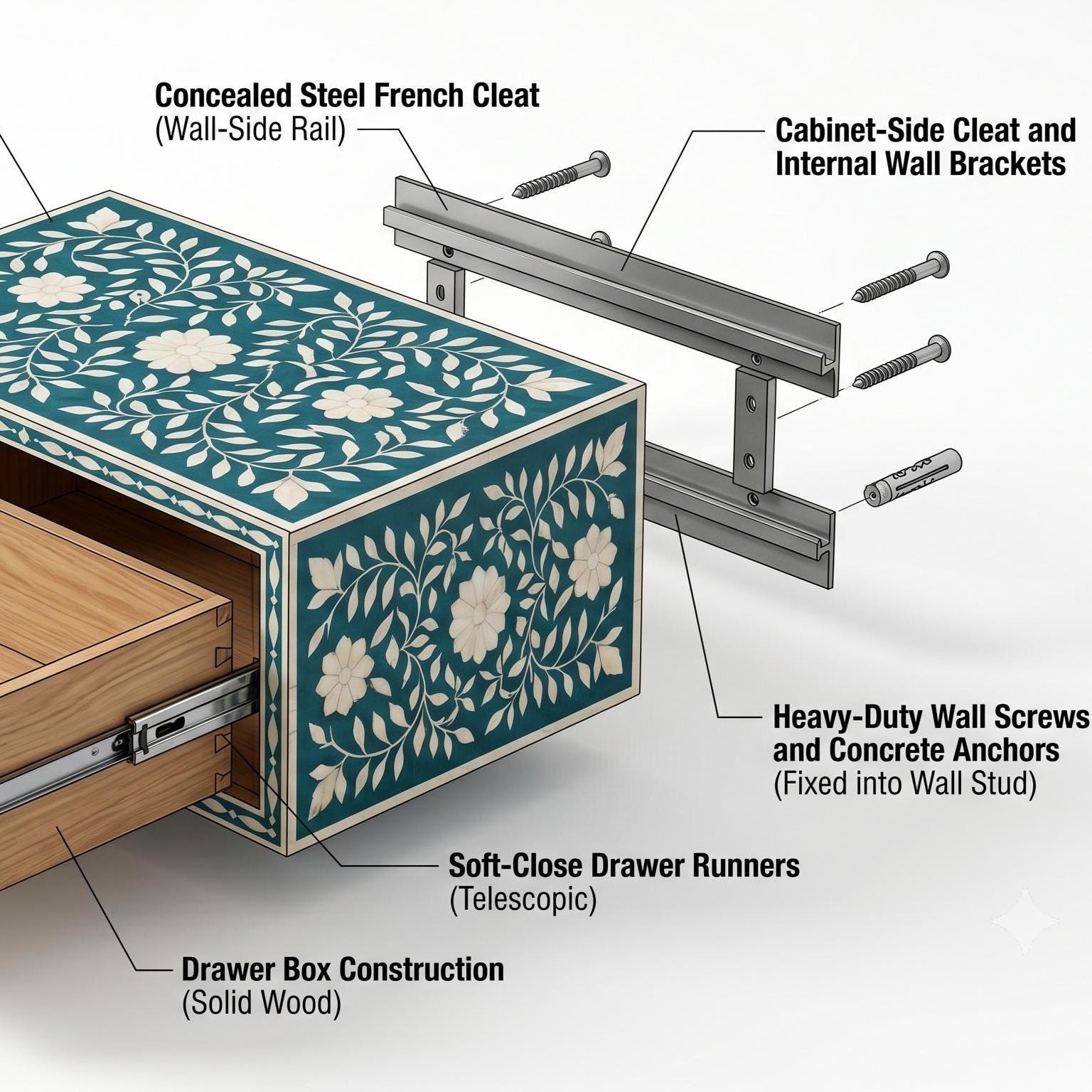 Royal Purple Bone Inlay Floating Bedside Table Mughal Floral Design