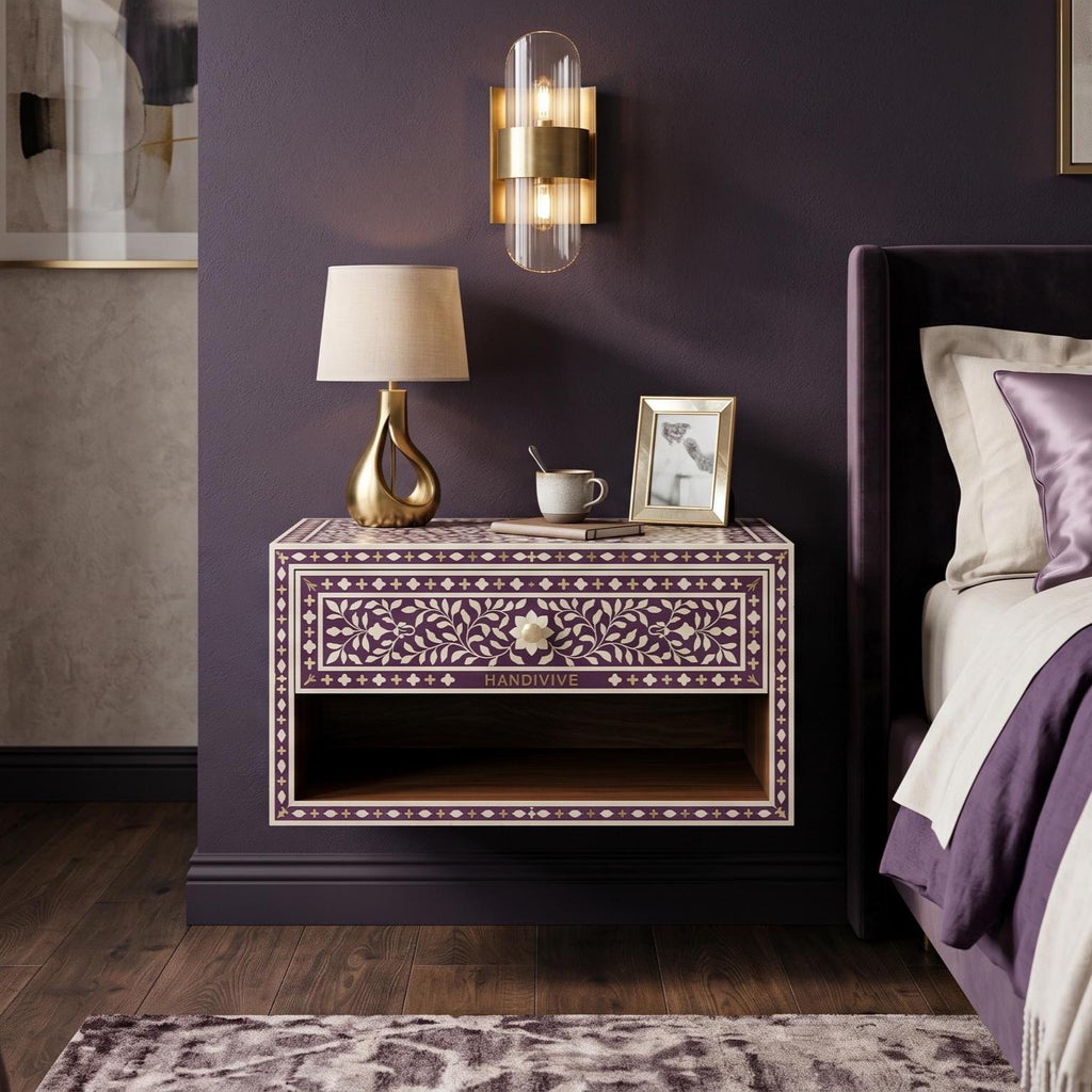 Royal Purple Bone Inlay Floating Bedside Table Mughal Floral Design