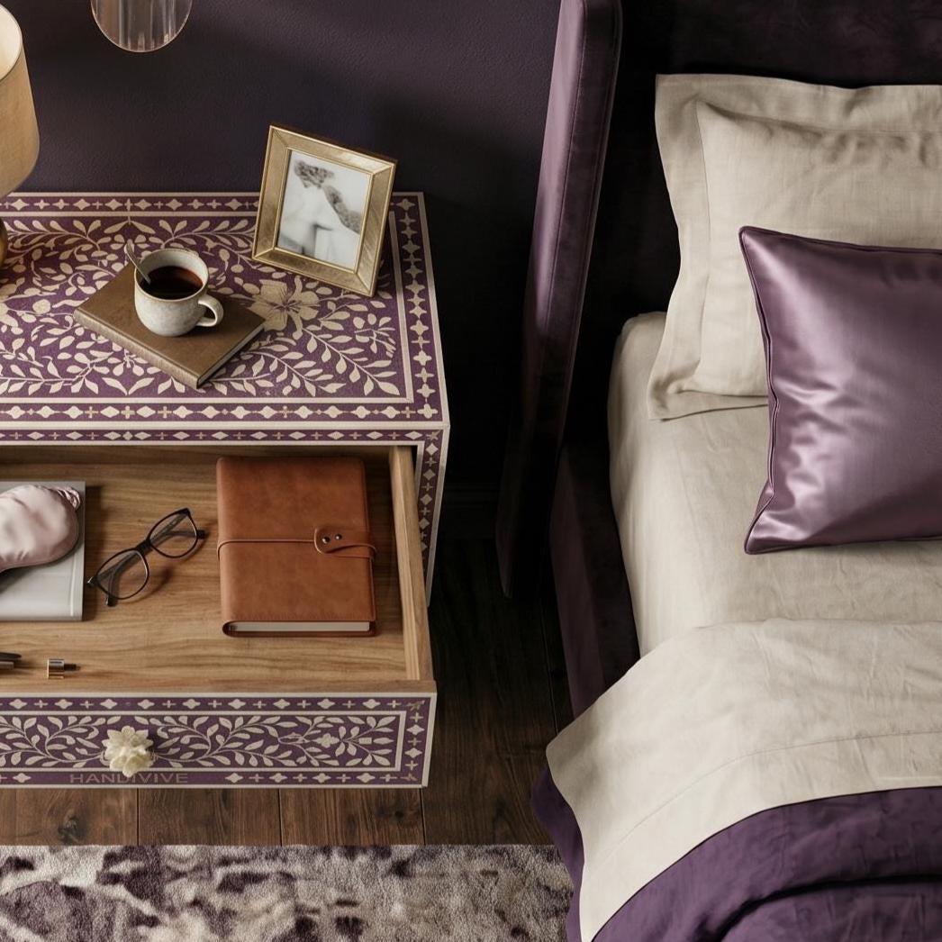 Royal Purple Bone Inlay Floating Bedside Table Mughal Floral Design