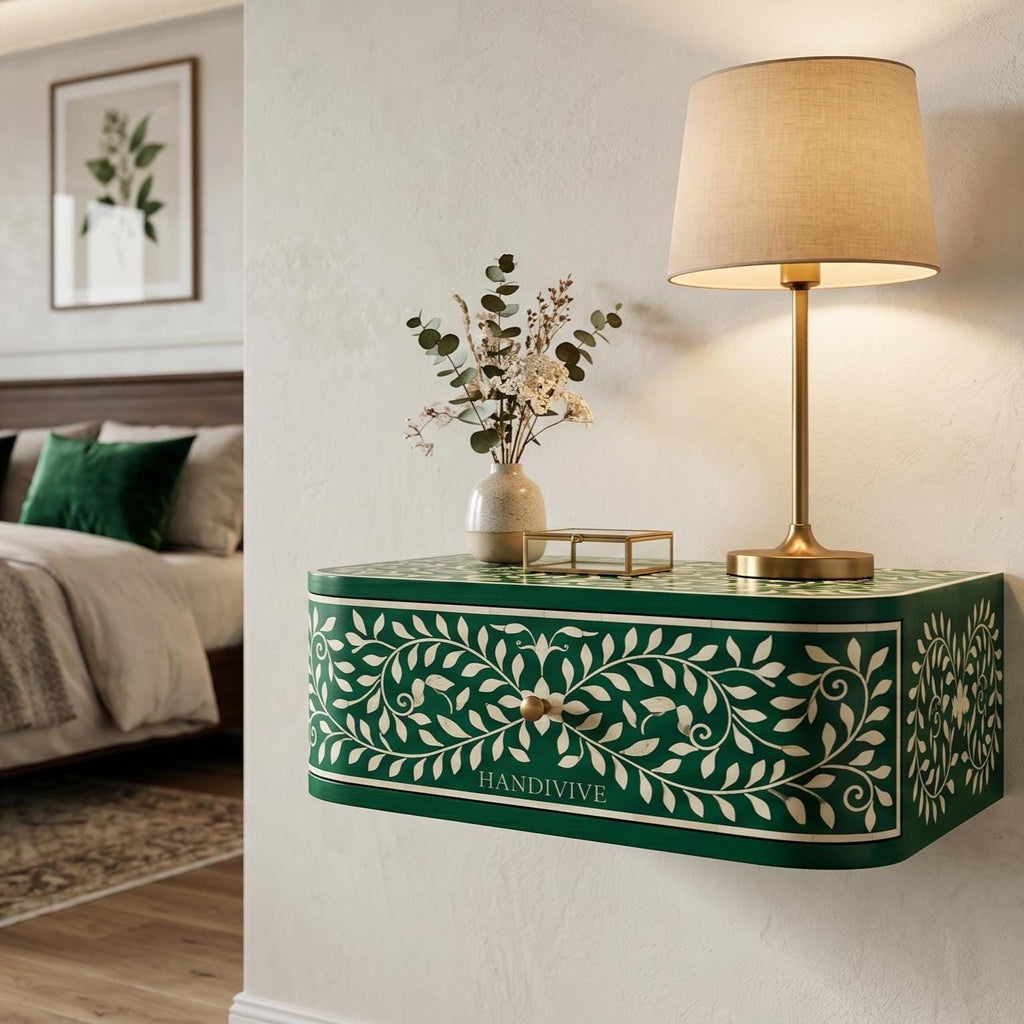Floating Emerald Green Bone Inlay Nightstand Wall Mounted