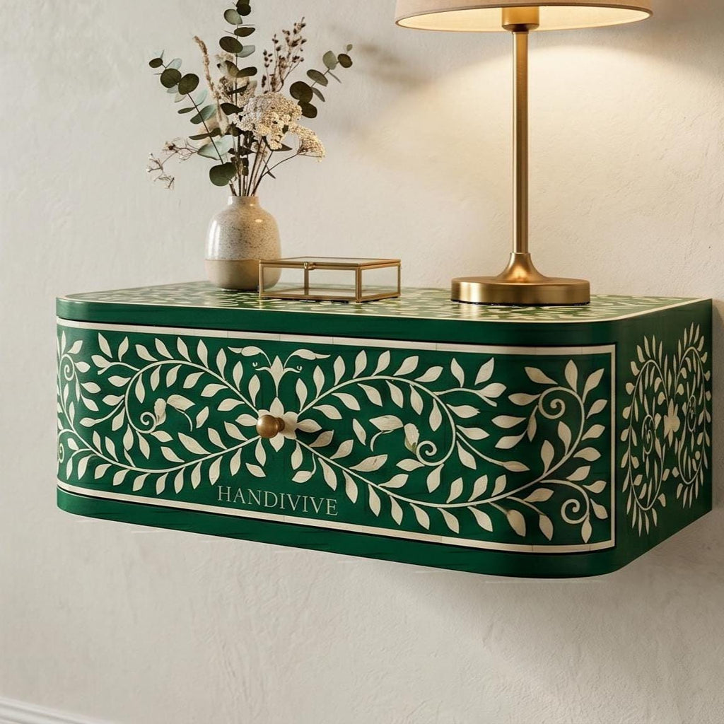 Floating Emerald Green Bone Inlay Nightstand Wall Mounted
