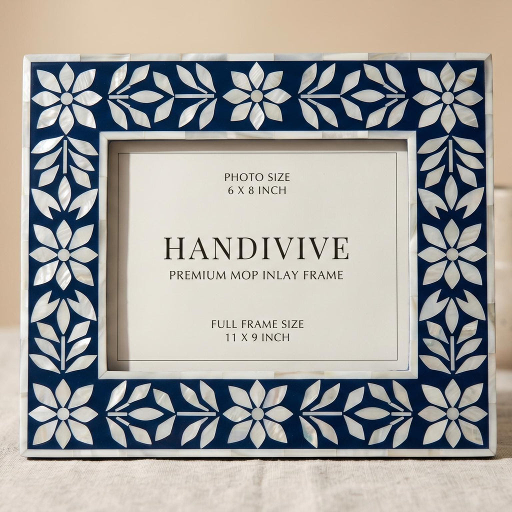 Blue Floral Mother of Pearl Picture Frame Handmade MOP Decor