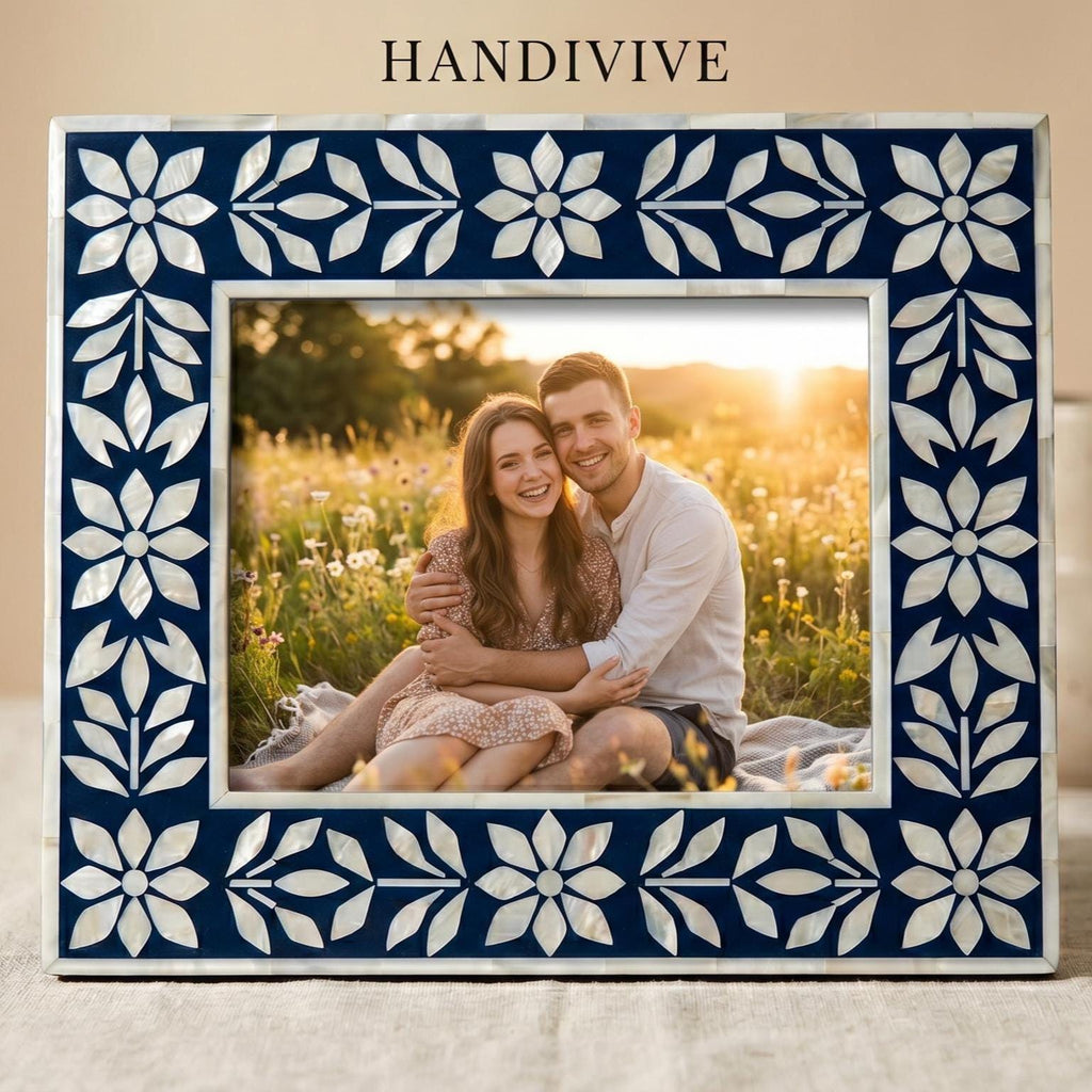 Blue Floral Mother of Pearl Picture Frame Handmade MOP Decor