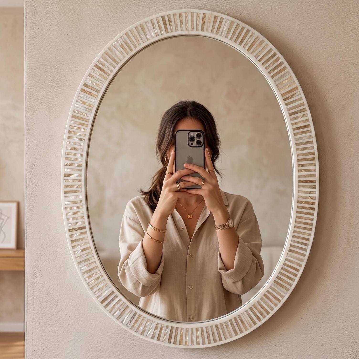 Oval Mother of Pearl Mirror, Modern Stripe Inlay Vanity, Handmade Luxury Bathroom Decor