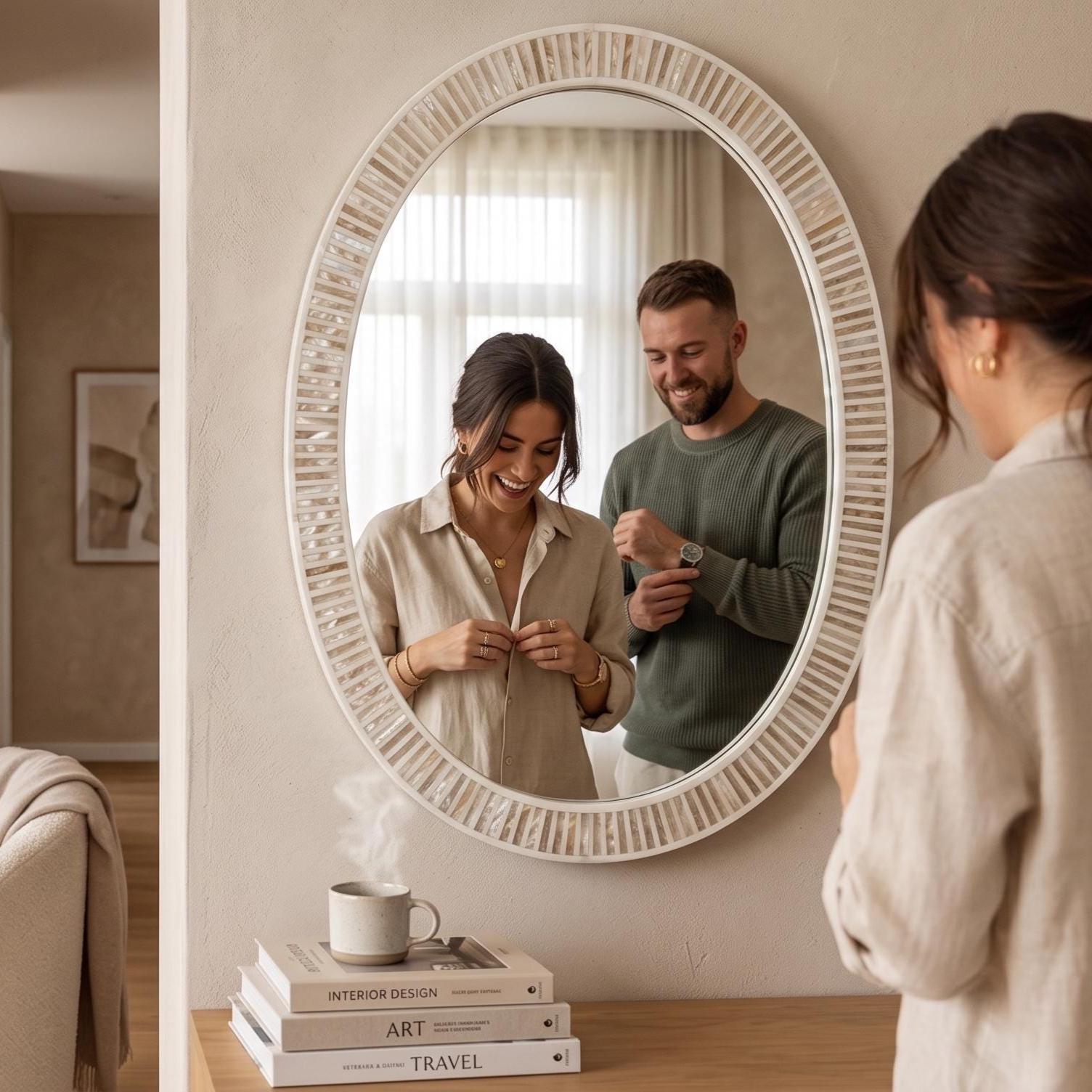 Oval Mother of Pearl Mirror, Modern Stripe Inlay Vanity, Handmade Luxury Bathroom Decor