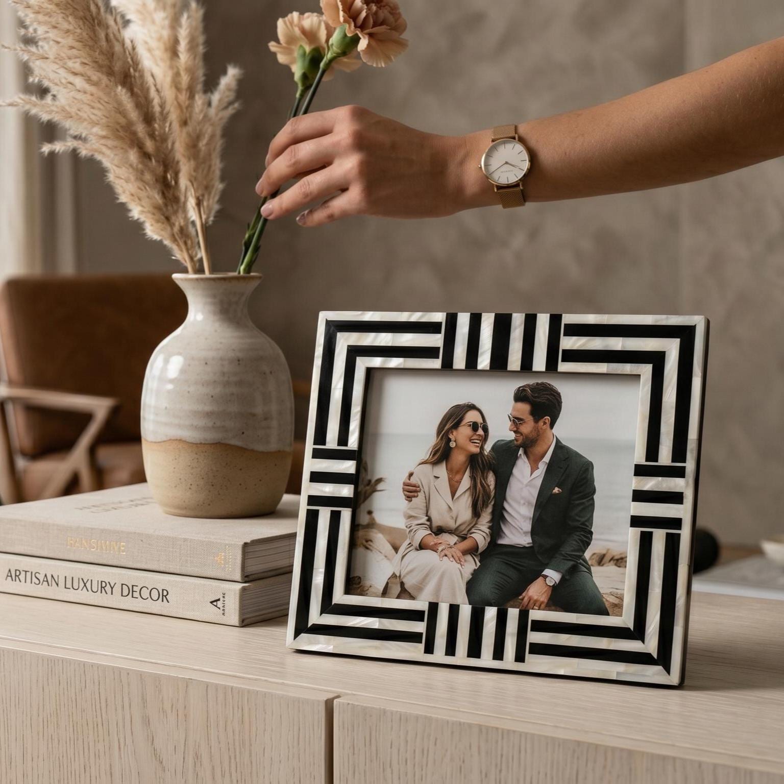 Geometric Stripe Mother of Pearl Picture Frame Handmade MOP Decor