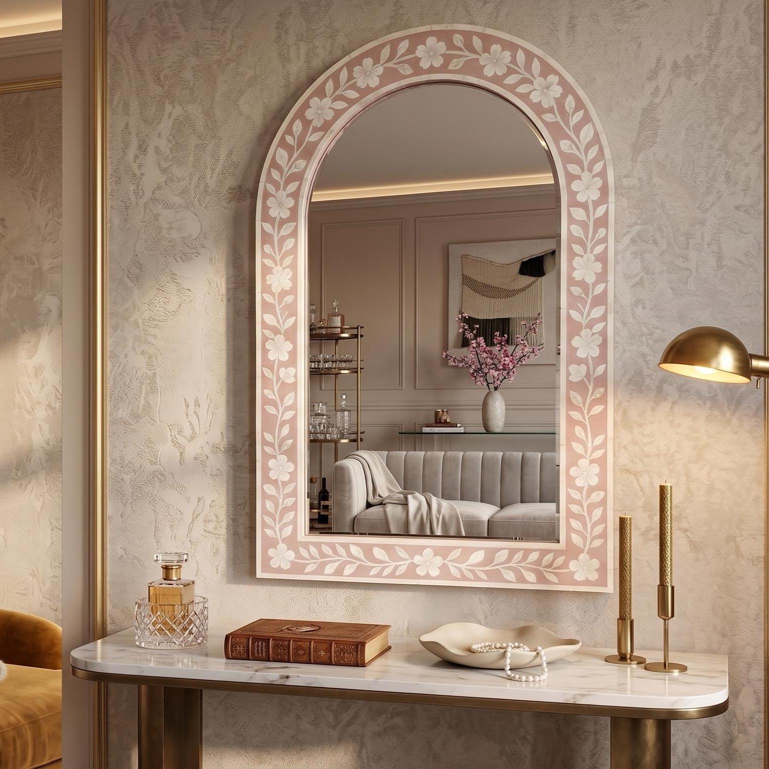 blush pink Cherry Blossom Bone Inlay Arch Mirror Handmade Wall Vanity Decor
