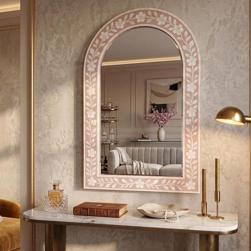 blush pink Cherry Blossom Bone Inlay Arch Mirror Handmade Wall Vanity Decor