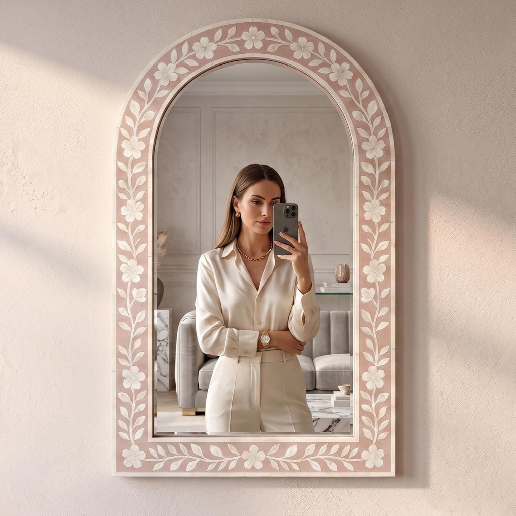 blush pink Cherry Blossom Bone Inlay Arch Mirror Handmade Wall Vanity Decor