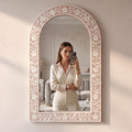 blush pink Cherry Blossom Bone Inlay Arch Mirror Handmade Wall Vanity Decor