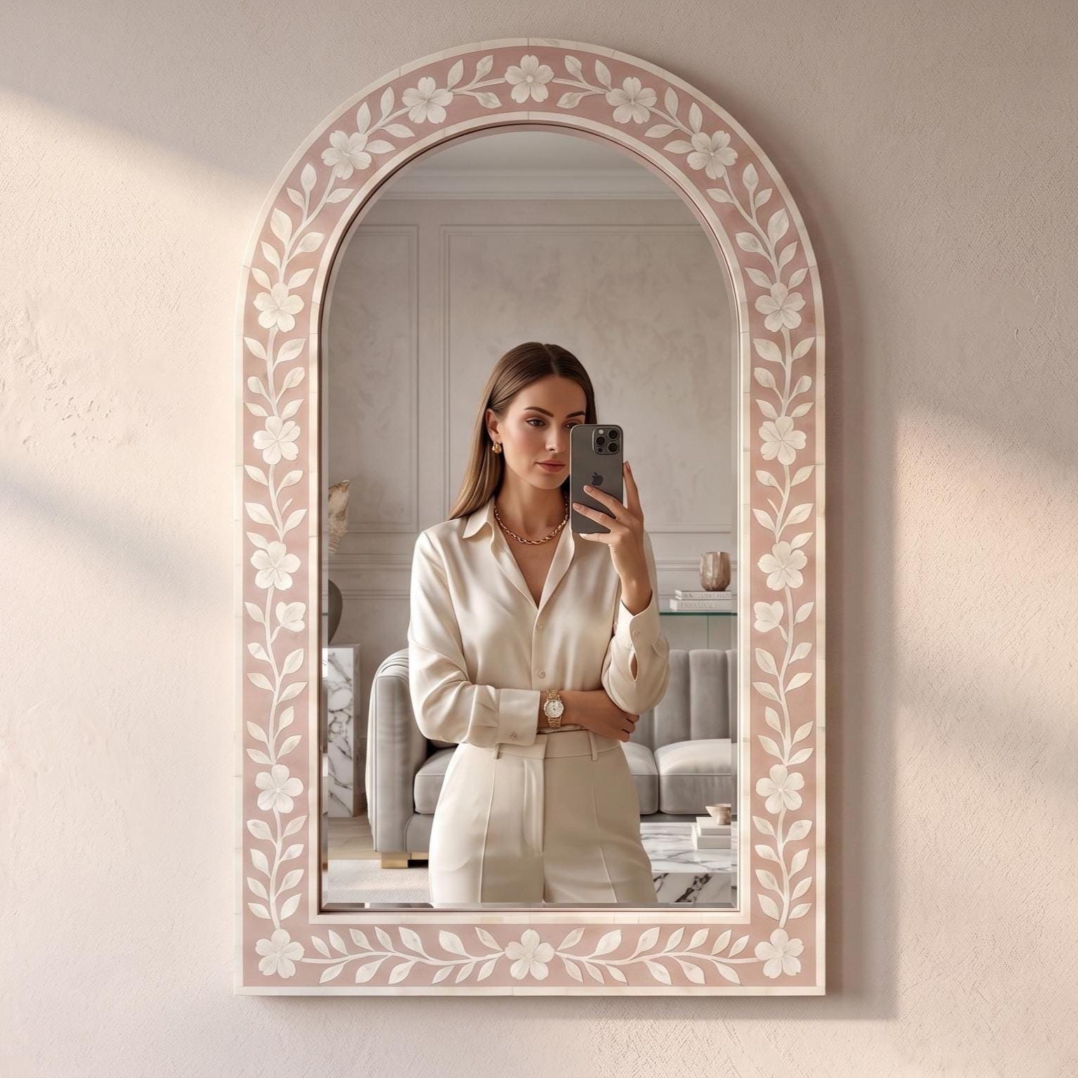 blush pink Cherry Blossom Bone Inlay Arch Mirror Handmade Wall Vanity Decor