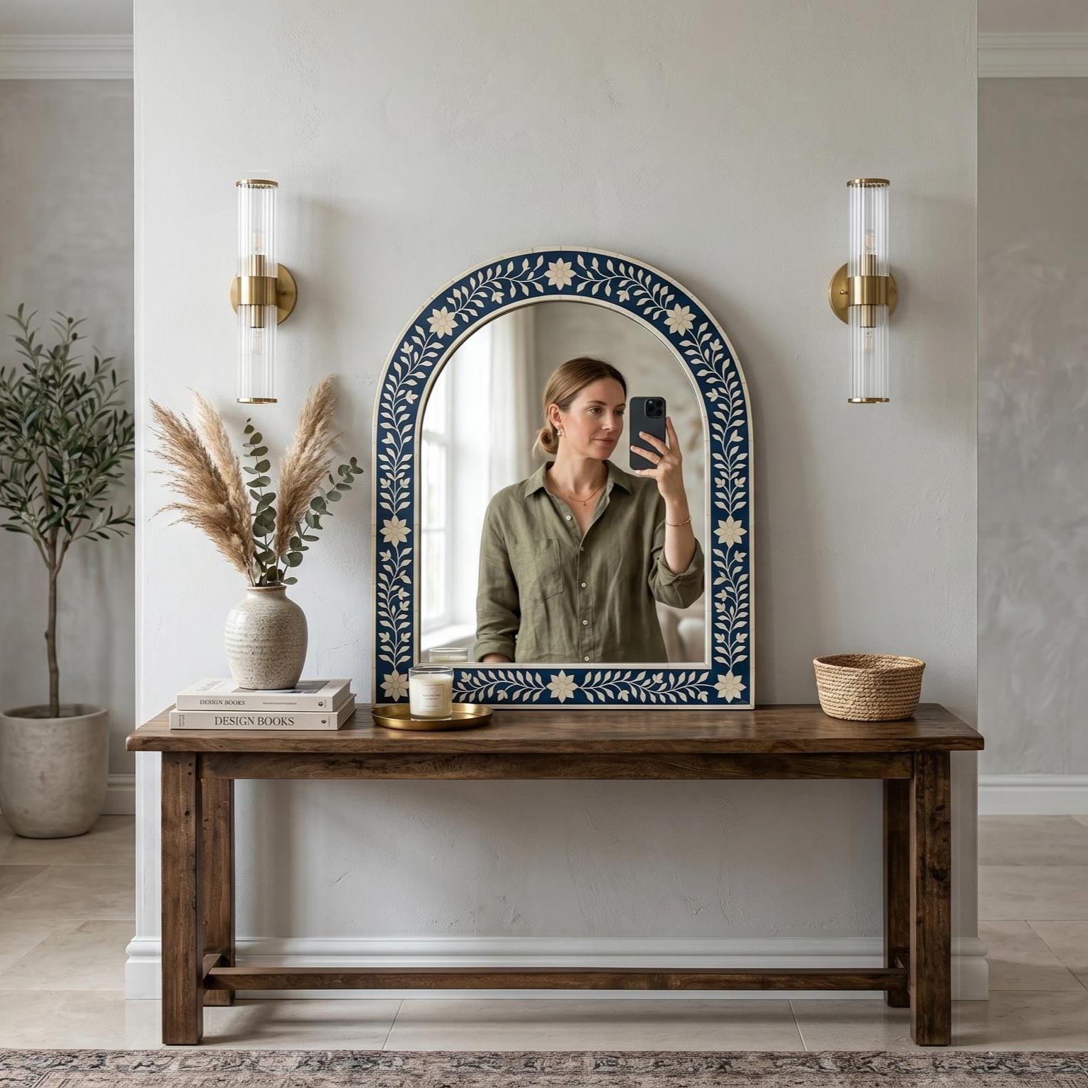 Navy Blue Floral Bone Inlay Arch Mirror Luxury Wall Decor Vanity Decor