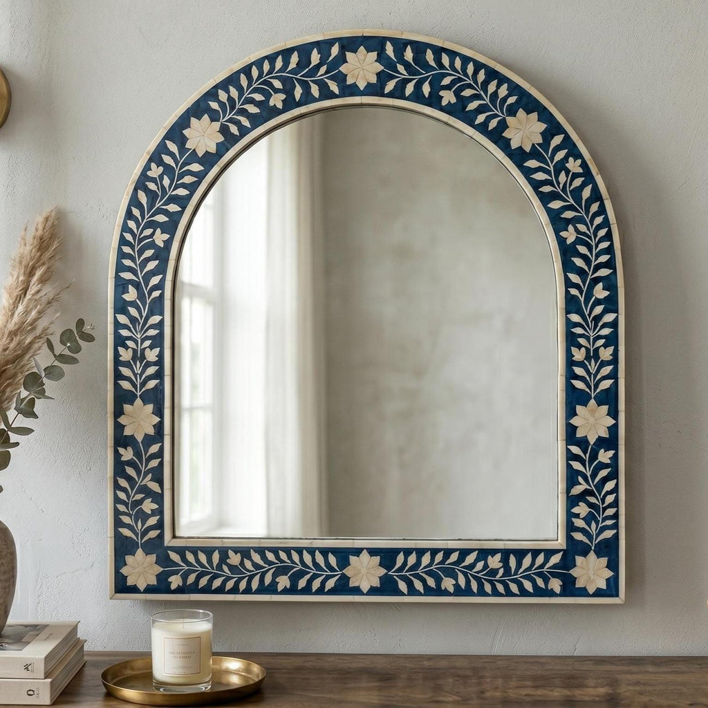 Navy Blue Floral Bone Inlay Arch Mirror Luxury Wall Decor Vanity Decor